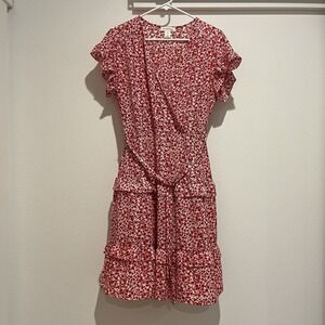 Women's Red Dress Flowy Flower Floral V Neck Belt Size L Anthropology Monteau